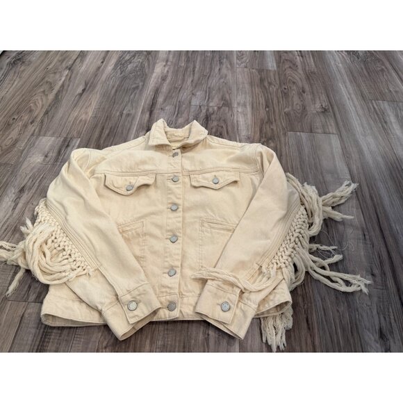 Blank Nyc Anthropologie Sacha Cream Crochet Fringe Jacket cotton S Boho coquette - Picture 8 of 13